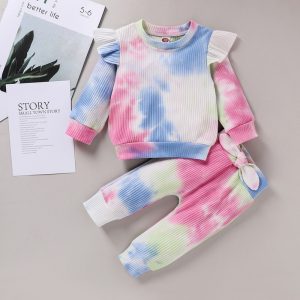 New Fashion 2Pcs 0-4Years Baby Girl Fall OutfitsTie Dye Print Long Sleeve Ruffle T-Shirt Bowknot Pants Set