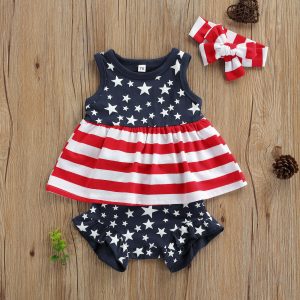 Lioraitiin Independence Day 0-3Y Summer Baby Girls Clothes Sets Star Striped Printed Sleeveless Tops Shorts Headband