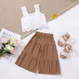 Lioraitiin 0-5Years Toddler Girl 2Pcs Summer Outfits Floral Lace Sleeveless Crop Tops Elastic Waist Solid Flared Pant