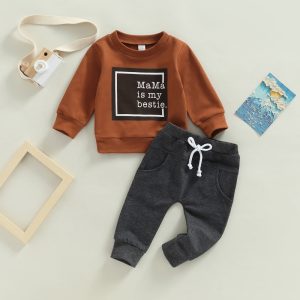 Lioraitiin 0-3Years Toddler Baby Boy 2Pcs Autumn Clothing Set Casual Long Sleeve Letter Printed Top Solid Pants