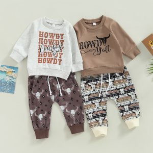 Toddler Boy Clothes Long Sleeve Round Neck Bull Print Tops Drawstring Pants Outfits 2Colors