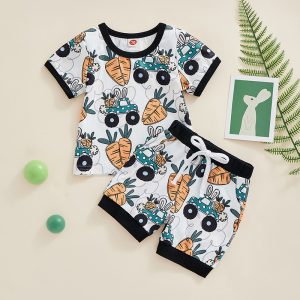 Easter Baby Boys 2Pcs Easter Set Short Sleeve Carrots Print T-shirt with Elastic Waist Shorts