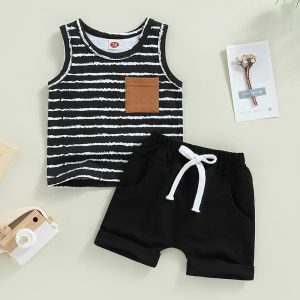 2Pcs Baby Boy 2Pcs Casual Summer Outfits Sleeveless Striped Tank Tops Rolled Cuff Shorts Set