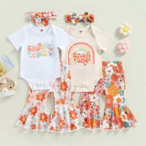 3Pcs Outfit Sets White Short Sleeve Letter Print Romper Floral Flared Pants