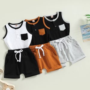 2023-01-07 Lioraitiin 0-4Years Baby Kids Boys 2Pcs Shorts Set Contrast Color Tank Top with Elastic Waist Shorts Outfit