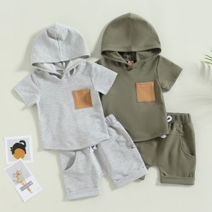 2023-01-31 Lioraitiin 0-3Years Baby Boys 2Pcs Summer Shorts Set Short Sleeve Hooded T-shirt with Elastic Waist Shorts Outfit