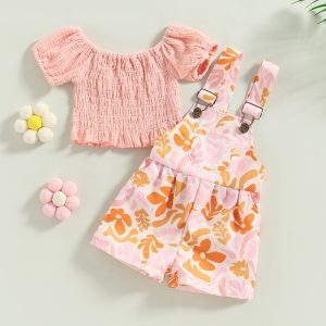 2023-02-09 Lioraitiin 0-5Years Kids Girls 2Pcs Summer Set Short Sleeve Pleated T-shirt Floral Suspender Shorts Fashion Outfit
