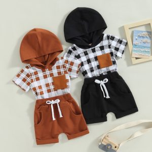 2023-02-14 Lioraitiin 0-3Years Toddler Baby Boy 2Pcs Summer Clothes Short Sleeve Hooded Plaid Print Loose Shirt Drawstring Pants