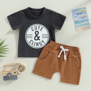 2023-02-17 Lioraitiin 0-3Years Baby Boys 2Pcs Summer Outfits Letter Print Short Sleeve T-shirt Bandage Elastic Shorts Set