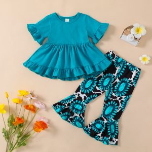 0-5Years Toddler Kids Girls Clothes Set Solid Short Sleeve Crew Neck Ruffles T-Shirts Gem Print Flare Pant
