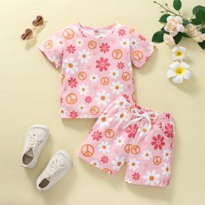 2023-03-24 Lioraitiin 0-3Years Toddler Girls 2Pcs Fashion Summer Outfit Sets Short Sleeve O Neck Floral Tops Drawstring Shorts