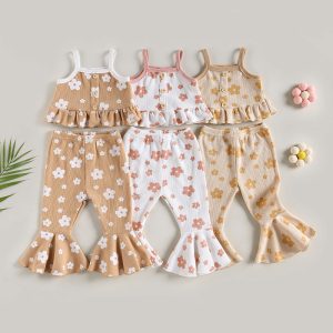2023-03-29 Lioraitiin 0-5Years Kids Girls 2Pcs Summer Outfits Floral Print Sleeveless Ruffled Camisole Elastic Flared Pants Set