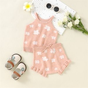 2023-04-18 Lioraitiin 0-3Years Toddler Girls 2Pcs Summer Outfit Sets Sleeveless Knit Sling Vest Floral Drawstring Shorts
