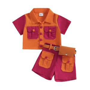 2pcs Button Tops Short Pants Patchwork Pocket Shirt Belted Shorts Cute Casual Outfits Clothes Sets for Toddler Baby Kids
