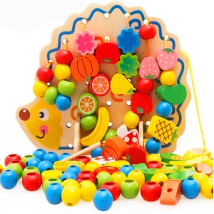 Wooden Fruits Vegetables Lacing Stringing Beads Toys with Hedgehog Board Montessori Educational Toy for Kids Children Gift
