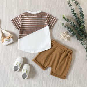 Baby Boy Patchwork T Shirt Tops Shorts Two-Piece Set Striped T-shirt Top and Shorts Cotton Round Neck Fashion Kids Shorts Suits