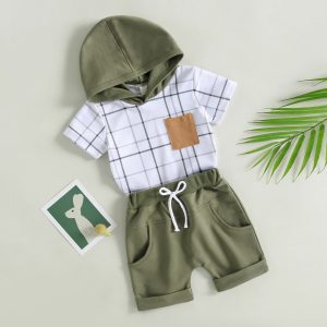 Baby Boy Summer Outfits Lovely Plaid Print Hoodie Shorts 2 Piece Short Sleeve T Shirt Shorts Kids Clothes Suits