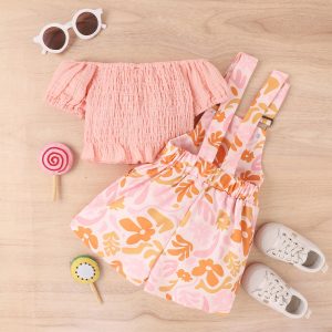 Baby Girls Puff Sleeve Top Soft Ruffle Short Sleeve Knee Length Strap Skirt Girls Clothes Sweet Children's Clothing Summer 2pcs