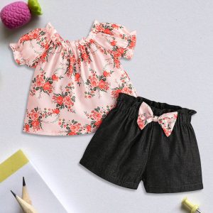 Girls' Fashion Casual Printed Short Sleeved Top Shorts 2pcs Round Neck Pleated Outerwear Baby Girls Clothes Children's Clothing