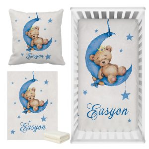Custom Name Sleeping Bear Blue Crib Bedding Set, Sleeping Bear Sleep on Moon Bedding Set, Baby Shower Gift Bedding Set