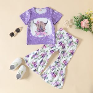 Flare Pants Set Girls Elastic Letter Print Outfits Printed Cow Cotton Round Neck Purple Flower Spring Summer Short-Sleeved