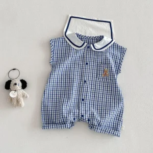 2026 Summer Baby Rompers 3-24M Loose Cartoon Bear Toddler Boys Clothes Thin Fashion Grid Infant Girls Jumpsuit