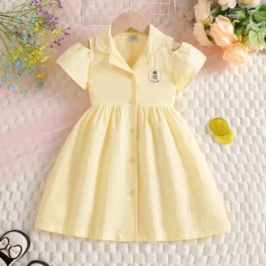 Girls Summer Dress 100% Cotton 2-8Y Cold Shoulder Short Sleeve Pineapple Embroidery Button Up Casual A-Line Sundress