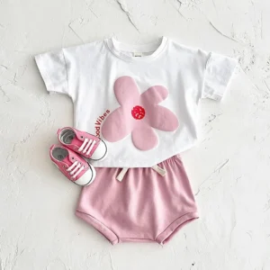 Toddler Boys Outfit Baby Clothes Set Newborn Baby Summer Clothing Cotton Girl Suit Sun Flower Print T-shirt+Beach Shorts