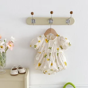 2025 Summer Girls Clothes Daisy Embroidery Girls One Piece Short Sleeve Toddler Bodysuit