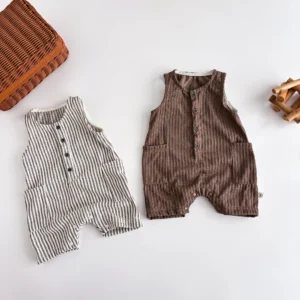 Summer Korean-style striped sleeveless jumpsuit for baby boys and girls, baby crew neck pocket jumpsuit, suitable for going out