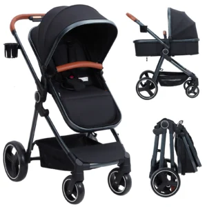 2 in 1 High Landscape Convertible Baby Stroller, Foldable Pushchair, Newborn Reversible Bassinet Pram with Adjustable Canopy