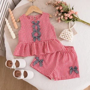 Baby Girl Set Summer Plaid Bow Top And Shorts Baby Girl Clothes Cute Beach Baby Outfit Set