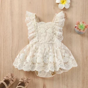 2026 Summer 0-2Y Newborn Baby Lace Bodysuit Backless Infant Toddler Embroidered Flowers Princess Baby Girls One Piece Jumpsuit