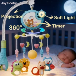 360° Musical Baby Crib Mobile Rotating Night Light Projection Bed Bell Toy Four Speed Timming Hanging Infant Newborn Bedside Gif