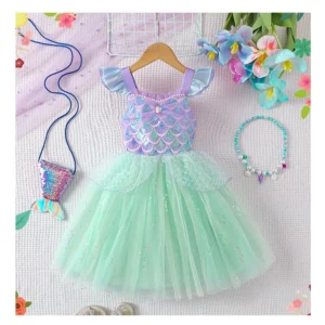 Sequin Performance Costume Girl Princess Dresses Sling Mesh Skirt Birthday Girl Dress Mermaid Themed Party Girl Clothes