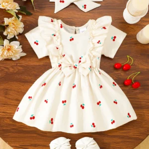 2pc Dress Set: Summer Cherry Print, Ideal for Daily Wear, Birthday Party & Summer Photoshoot, for Baby Girl (0-4Y), Toddler Girl